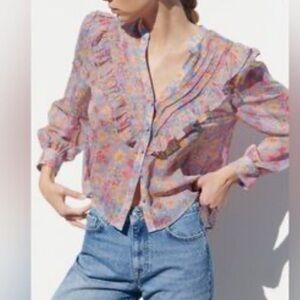 Zara floral print blouse featuring ruffles and sheer fabric